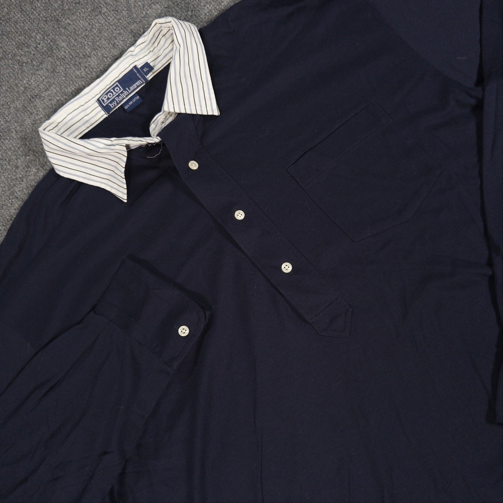 Polo Ralph Lauren Mens XL Navy Blue Long Sleeve Rugby Shirt Striped Collar #4818